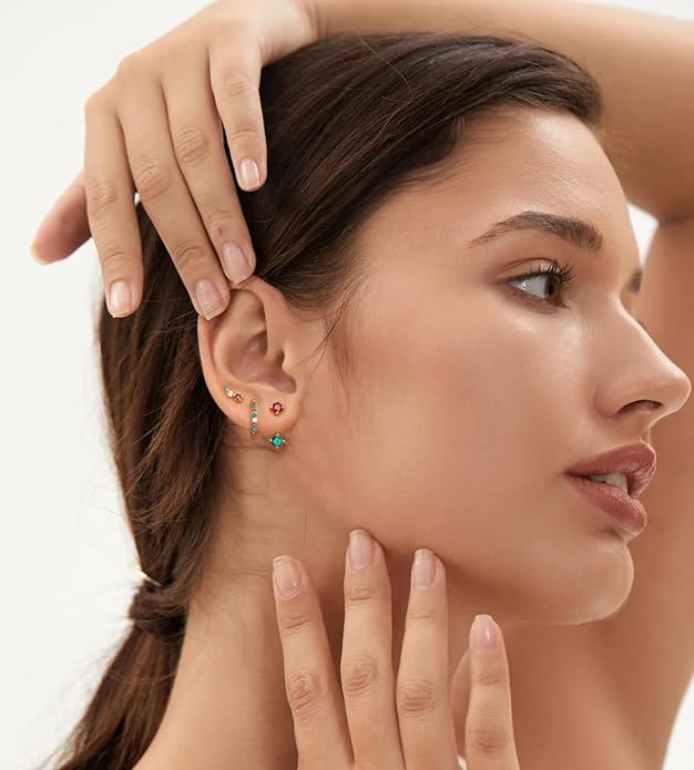 6 Pairs 14K Gold Plated Stud Earrings for Women, Hypoallergenic Cartilage Earrings for Multiple Piercing, Dainty Small Stackable Earrings Set for Jewelry Gift
