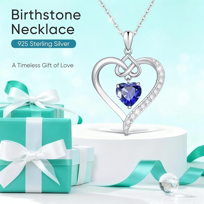 925 Sterling Silver Birthstone Heart Necklace for Women - Infinity Love Pendant with Cubic Zirconia, 12 Colors, Valentine's Day Gift for Her, 12 Months, Birthday Anniversary Christmas Jewelry Gifts