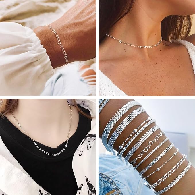 Sterling Silver Heart Chain 3x4mm 3.28 Feet Silver Heart Link Chain Necklace Permanent Bracelet Kit for Women Men Necklace Making