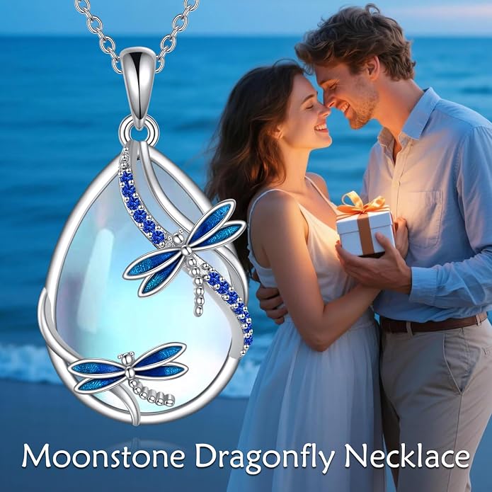 KQF Dragonfly/Butterlfy/Cat/Jellyfish/Bunny/Axolotl/Bee/Mermaid/Hummingbird/Elephant Necklace for Women Sterling Silver Moonstone Pendant Necklace Dragonfly Jewelry Gifts for Women