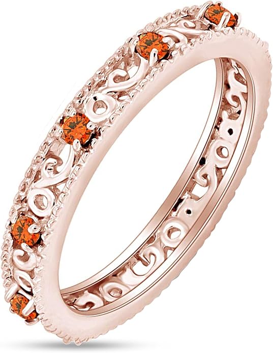 Jewel Zone US Filigree Eternity Wedding Band Ring for Women, Round Cut Simulated Gemstone Stackable Promise Ring in 14K Gold Plated 925 Sterling Silver Band Width 3.5mm – Elegant Jewelry for Her