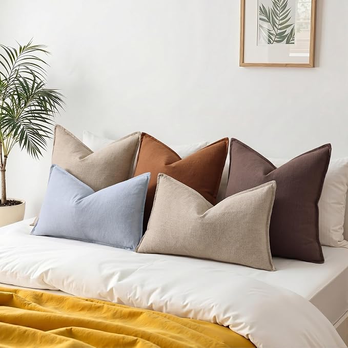decorUhome Fall Brown Linen Throw Pillow Covers 18x18 Set of 2 | Decorative Soft Cozy Modern Farmhouse Boho Accent Pillow Cases with Flange Edges for Couch Bed Sofa Living Room Home Decor