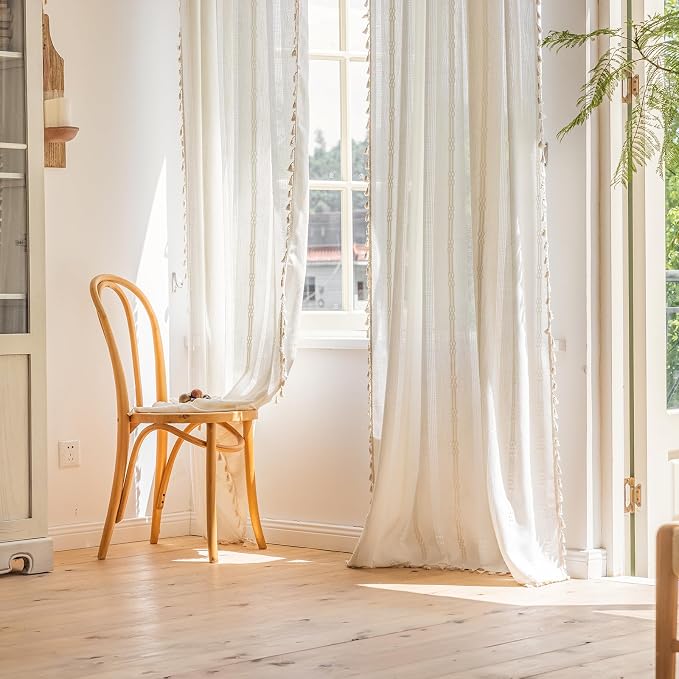 ColorBird White Boho Curtains Linen-Textured Light Filtering for Living Room Bedroom 84 Inches Farmhouse Embroidered Striped Whimsical Curtains & Drapes Window Treatment for Nursery Dining Room