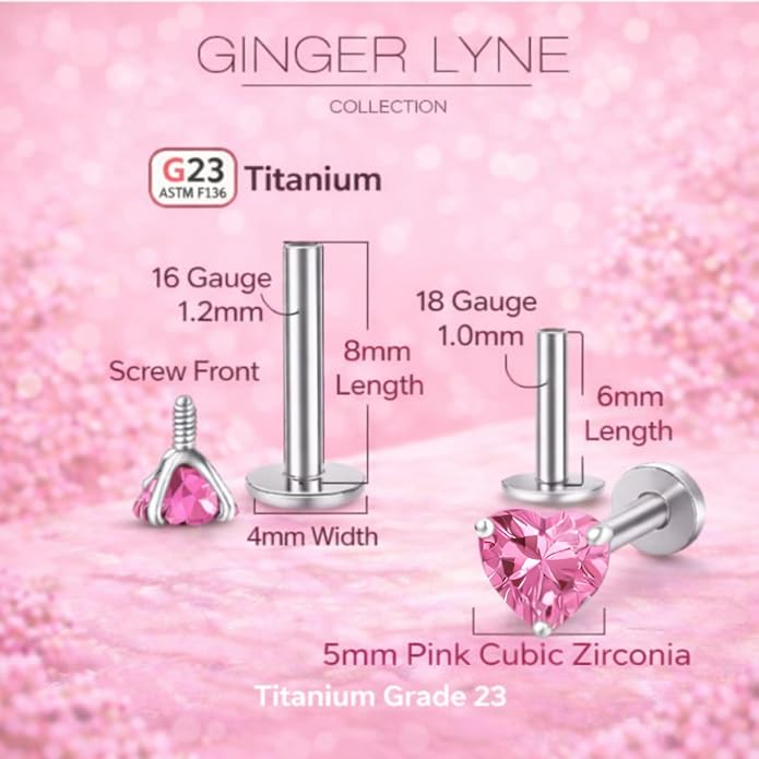 Titanium Heart CZ Labret Stud Earrings for Piercings by Ginger Lyne 6Pc Set G23 Screw Front Flat Back Body Jewelry 2 pair post 6mm, 8mm Cartilage, Helix, Tragus, Lip, Conch, Lobe