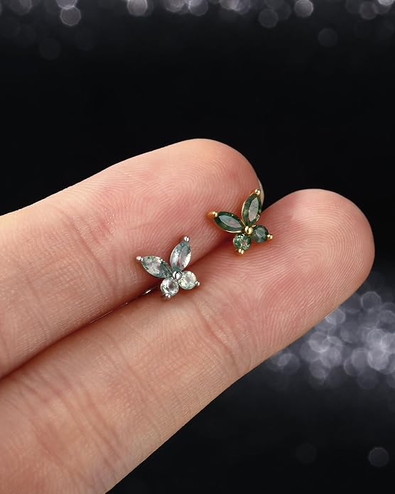 Jewseen Celtic knot&Butterfly Moss Agate Stud Earrings Dangle Internal Threaded Flat Back 16g 8mm Hypoallergenic 925 Sterling Silver Piercing Jewelry for Cartilage Lip Conch Tragus Helix