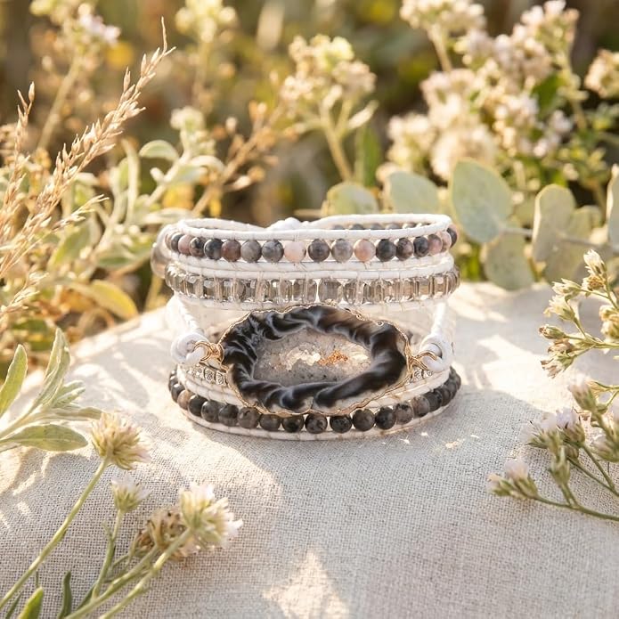 YGLINE Boho Handmade Wrap Leather Tube Crystal Stone Bracelet for Women