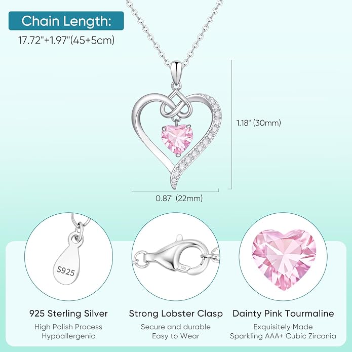 925 Sterling Silver Birthstone Heart Necklace for Women - Infinity Love Pendant with Cubic Zirconia, 12 Colors, Valentine's Day Gift for Her, 12 Months, Birthday Anniversary Christmas Jewelry Gifts