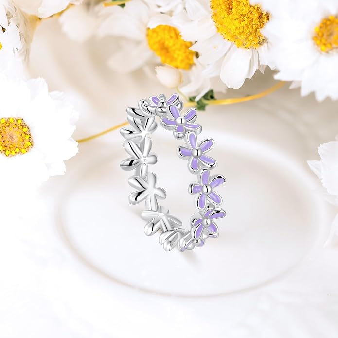 S925 Sterling Silver Dainty Daisy Flower Rings for Women, I Think Of You Every Daisy, 12 Month Birth Flower Ring