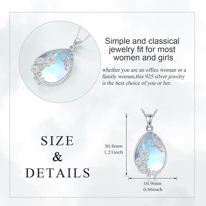 YAFEINI 925 Sterling Silver Moonstone Necklace Filigree Teardrop Pendant Necklace Jewelry for Women Girls