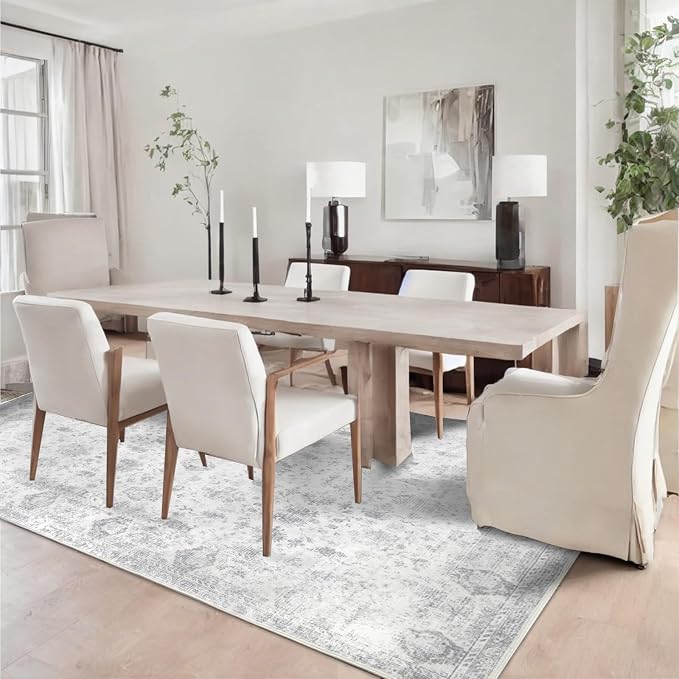 Washable 10×12 Area Rugs for Living Room, Vintage Floral Rug Soft Non Slip Stain Resistant Boho Carpet for Bedroom Dinning Room Kitchen Home Office Grey