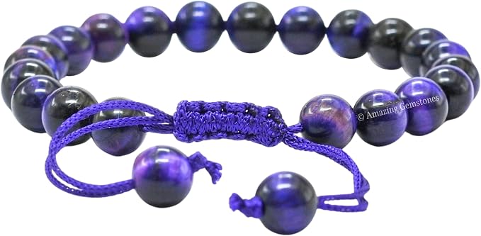 Amazing Gemstone Purple Tiger Eye Bracelet, Gifts for Men & Women - Protection Healing Crystal Bracelet - 8mm Gemstone Beaded Adjustable Bracelet, Pulseras para Hombres Mujer Stocking Stuffers