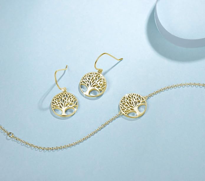 AGVANA Gold Plated Sterling Silver Tree of Life Pendant Necklace Earrings for Women Dainty Family Tree Jewelry for Her Anniversary Birthday Gifts for Mom Wife Lover Grandma Her, 16+2 Inches