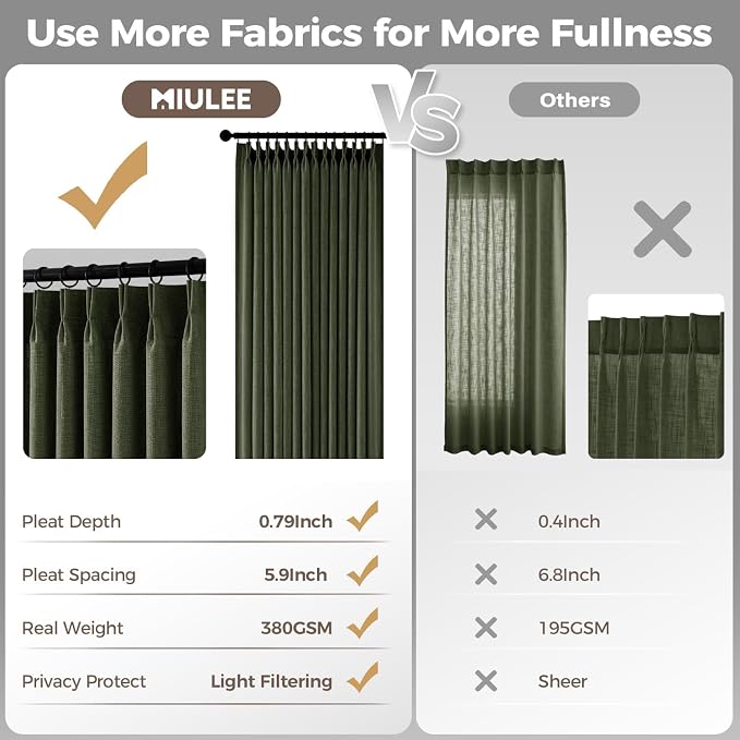 MIULEE 4 Panels Set Pinch Pleated Linen Curtains 108 Inches Length for Living Room Bedroom, Extra Long Pinch Pleat Drapes Back Tab Light Filtering Olive Green Foor to Ceiling Curtains with Hooks