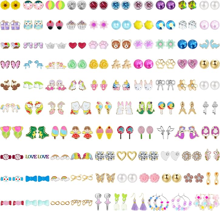 NEWITIN 100 Pairs Colorful Cute Earrings for Girls Sensitive Ears Hypoallergenic Girl Stud Earrings Set Stainless Steel Cartoon Stud for Girls and Women