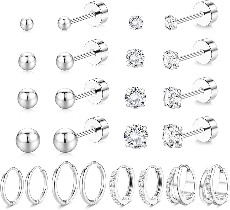 Stainless Steel Stud Earrings Set for Women Hypoallergenic Flat Back Cartilage Earrings Screw Back Huggie Hoop Earrings Multiple Piercing Cubic Zirconia Helix Tragus Jewelry