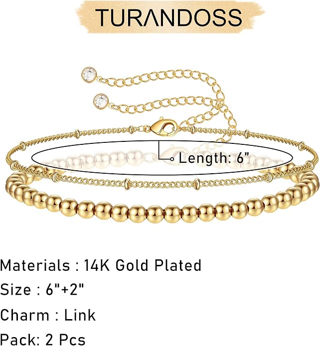 Dainty Gold Bracelets for Women, 14K Gold Plated Adjustable Layered Beads Bracelet Cute Evil Eye Oval Chain Pearl Bar Turtle Gold Bracelets for Women Jewelry