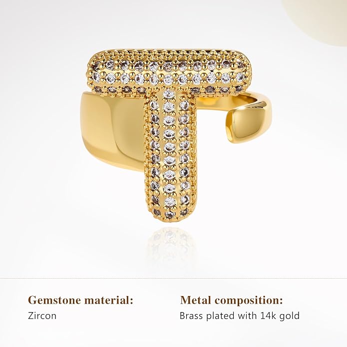 Cicy Bell Initial Rings for Women 14k Gold Plated Cubic Zirconia Delicate Letter Chunky Statement Open Rings Gifts for Her