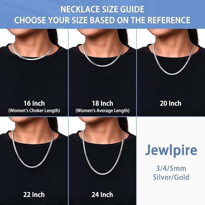 Jewlpire Silver/18K Gold Plated Herringbone Necklace for Women, 3mm 4mm 5mm Necklace for Women, Flat Snake Chain Necklaces, Fashion Women's Chain Necklaces 16 18 20 22 24 Inch