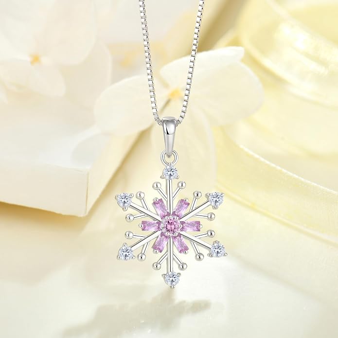 925 Sterling Silver Snowflake Necklace Birthstone Snowflake Pendant Necklaces for Women Cubic Zirconia Christmas Jewelry