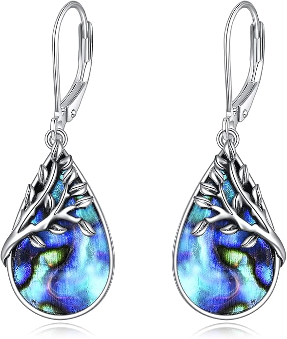 AXELUNA Tree of Life Earrings Sterling Silver Teardrop Abalone Shell Dangle Leverback Earringgs Gifts for Women Girls