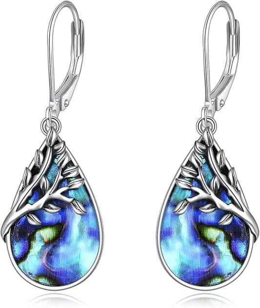 AXELUNA Tree of Life Earrings Sterling Silver Teardrop Abalone Shell Dangle Leverback Earringgs Gifts for Women Girls