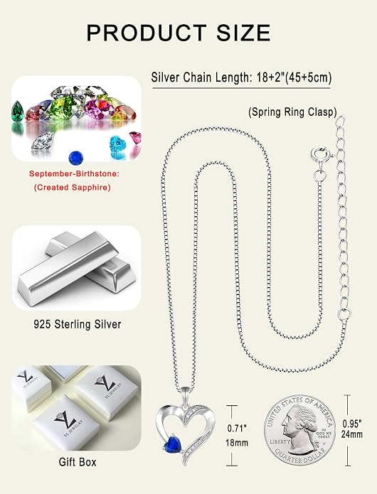 YL Heart Necklace 925 Sterling Silver Love Heart Pendant Birthstone Jewelry for Women