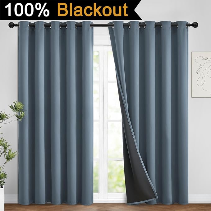 Yakamok Stone Blue 100% Blackout Curtains 96 Inches Long 62" Wide 2 Panel | Blackout Curtain Panels for Bedroom, 2 Thick Layers Grommet Top Thermal Insulated Drapes with Black Liner for Living Room