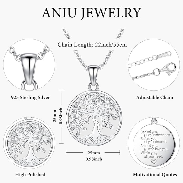 Aniu Tree of Life Necklace for Women, 925 Sterling Silver Mother of Pearl Family Palm Tree Charm Pendant Jewelry for Birthday Christmas Gift