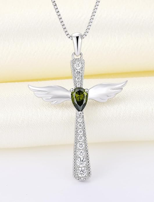 YL Cross Necklace 925 Sterling Silver Angel Wings Pendant Teardrop Birthstone Criss Jewelry for Women