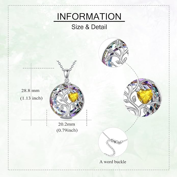Tree Of Life Birthstone Necklace 925 Sterling Silver Crystal Family Tree Pendant Necklaces Heart Birthstone Jewelry For Women Female Anniversary Birthday Gifts
