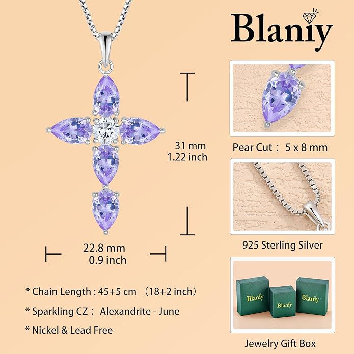 Cross Necklace for Women 925 Sterling Silver Teardrop Birthstone Pendant Religious Jewelry Gifts for Women