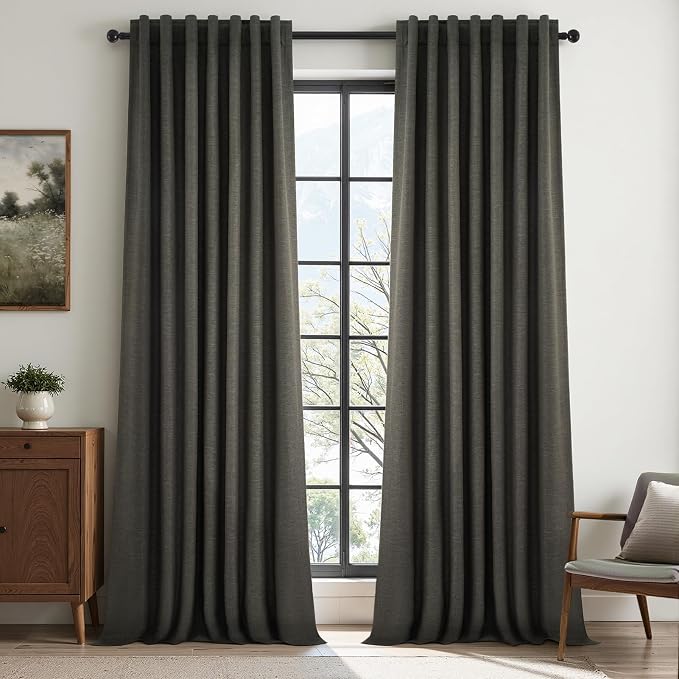 Topfinel 105 Inch Long Linen Blackout Curtains for Bedroom 2 Panels Set Modern Natural Linen Back Tab Pleated Floor to Ceiling Thermal Drapes Hooks Rings 105 in Window Drapes 100% Black Out Dark Gray
