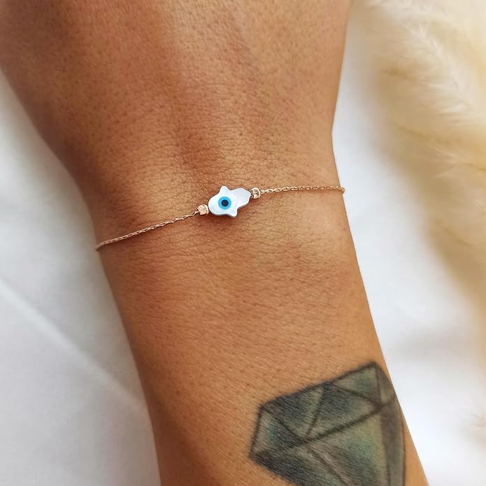 Minimalist Evil Eye Charm Bracelet – Handmade Delicate Good Luck Jewelry for Women – Adjustable 6.5” + 1” Extender