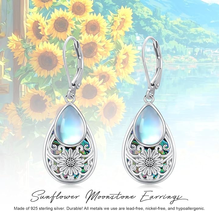 Dragonfly Filigree Earrings 925 Sterling Silver Teardrop Moonstone Abalone Shell Dangle Drop Earrings Filigree Jewelry Gifts for Women