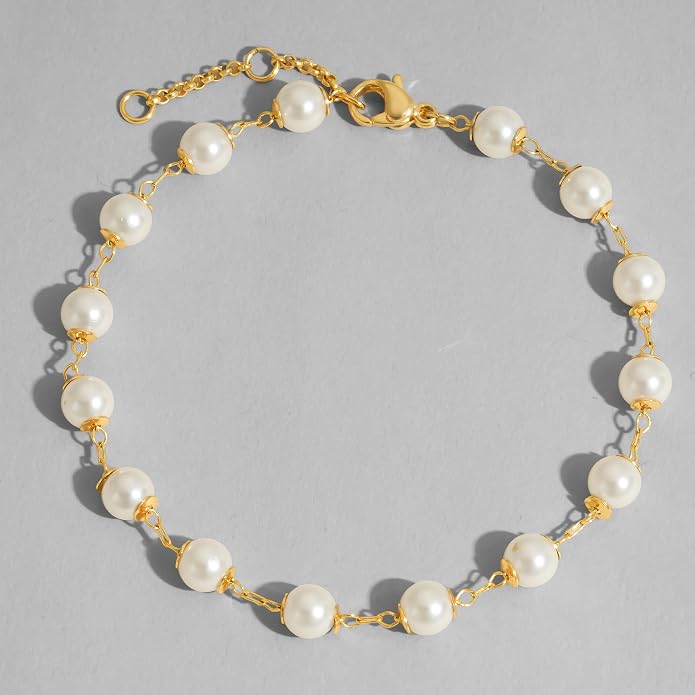 Dremmy Studios Gold Bracelet for Women 18K Gold Plated Dainty Paperclip Cubic Zirconia Disc Coin Star Cable Satellite Bead Pearl Simple Boho Minimalist Stacking Layered Link Jewelry Gift