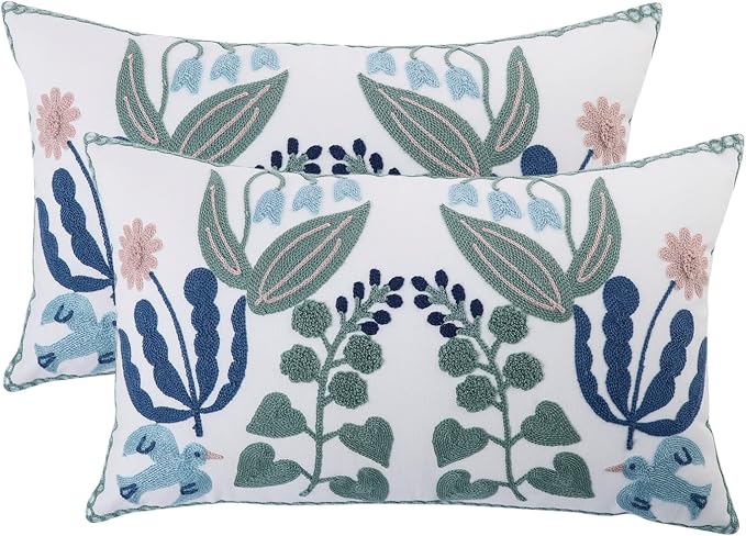 Embroidered Throw Pillow Covers 12x20 inch Set of 2 Green Leaves with Birds Floral Tufted Pillowcases Summer Decorative Coastal Pillow Cushion Cases Lumbar Navy Blue Flower Pillow Case