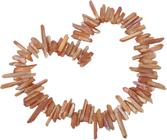TUMBEELLUWA Rock Quartz Crystal Points Loose Beads for Jewelry Making, Titanium Coated Polished/Raw Quartz Beads 15 Inches Top Drilled,Orange Crystal Points(0.45"-1.35")