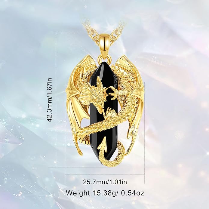 INFUSEU Unique Dragon Necklaces with Healing Crystal Stone for Men Women, Personalized Spiritual Gifts, 24 Inch Chain