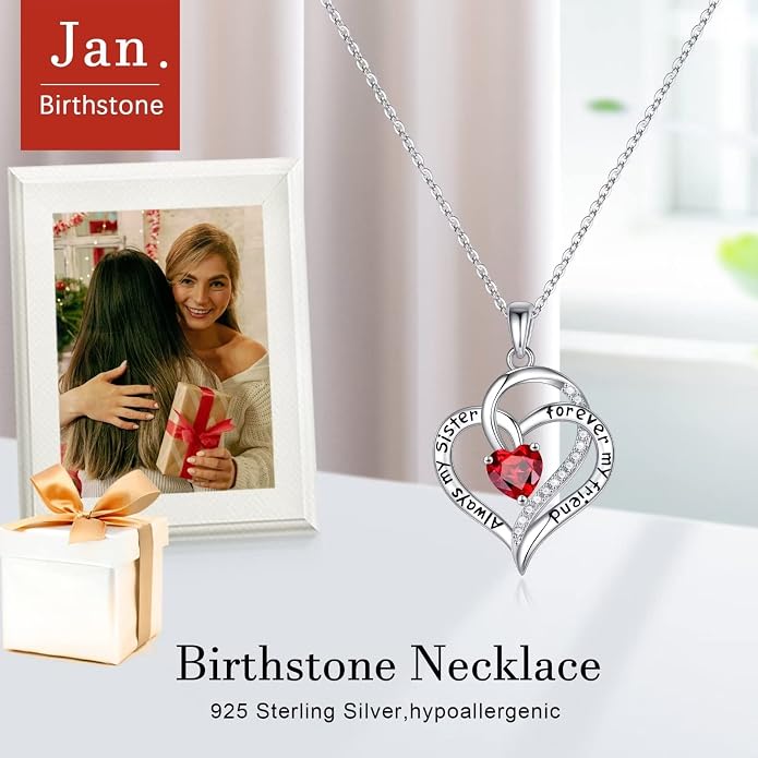 Iefil Gifts for Sister - 925 Sterling Silver Birthstone Necklace Sisters Jewelry