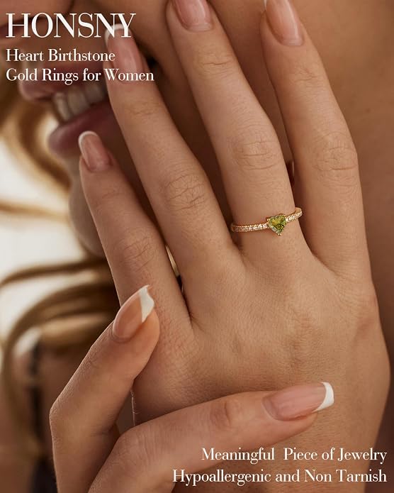 Honsny Heart Birthstone Gold Rings for Women Non Tarnish 14K Gold Plated Stackable CZ Gemstone Emerald Pinky Ring Dainty Engagement Promise Rings for Her Waterproof Jewelry Graduation Gifts Size 6-10