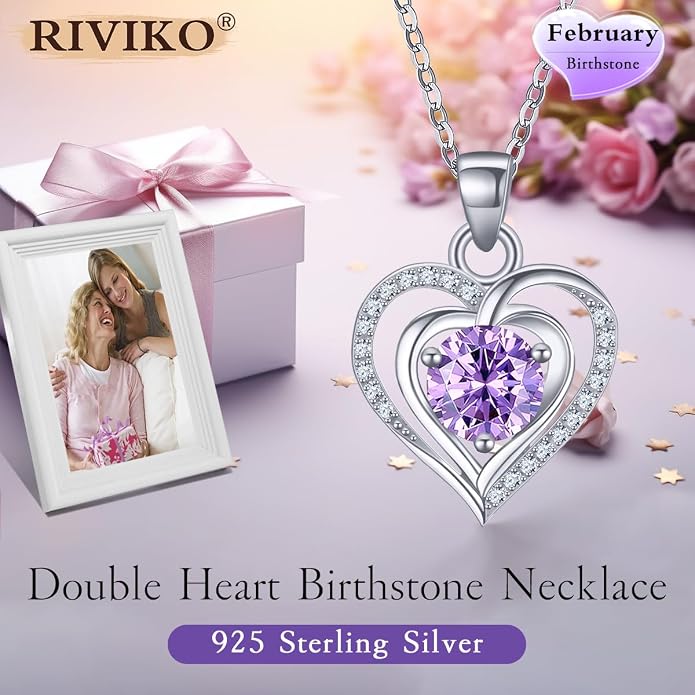 RIVIKO Heart Birthstone Pendant Necklace for Women 925 Sterling Silver Zirconia Necklaces Valentine's Day Anniversary Birthday Mothers Day Jewelry Gifts For Her Mother Wife