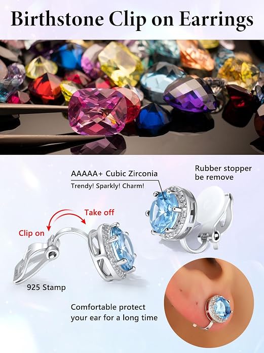 Silvora 925 Silver 8MM Cubic Zirconia Birthstone Clip On Stud Earrings Round Non Pierced Earrings For Women,Come with Box