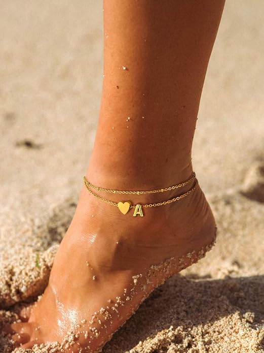 Initial Ankle Bracelets for Women, Dainty Stainless Steel Letter A-Z Layered Anklets, Heart Ankle Bracelet 8.5"-10.5" Adjustable, Summer Beach Jewelry, Come with Box