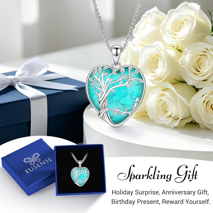 Eusense Tree of Life Necklace for Women White Gold Plated Copper Moonstone/Turquoise/Black Onyx/Crystal Birthstone Pendant Jewelry Gifts for Women Men