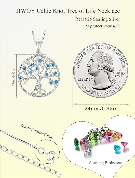 Celtic Knot Tree Necklace 925 Sterling Silver Tree of Life Pendant Birthstone Jewelry for Women