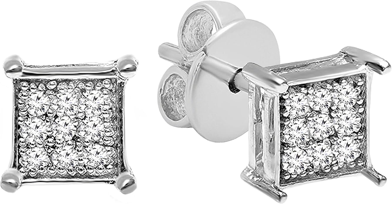 Dazzlingrock Collection 0.10 Ctw Natural Round White Diamond 4.5mm Square Micropave Hip Hop Studs, Unisex Design Ladies,Mens Real Diamond Earrings