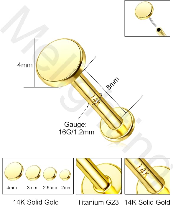 Melighting 14K Gold Threadless Earrings 16G Gold Flat Back Earrings Tiny Flat Disc Threadless Push in Labret Stud Gold Tragus Piercing Jewelry for Women Conch Helix Stud