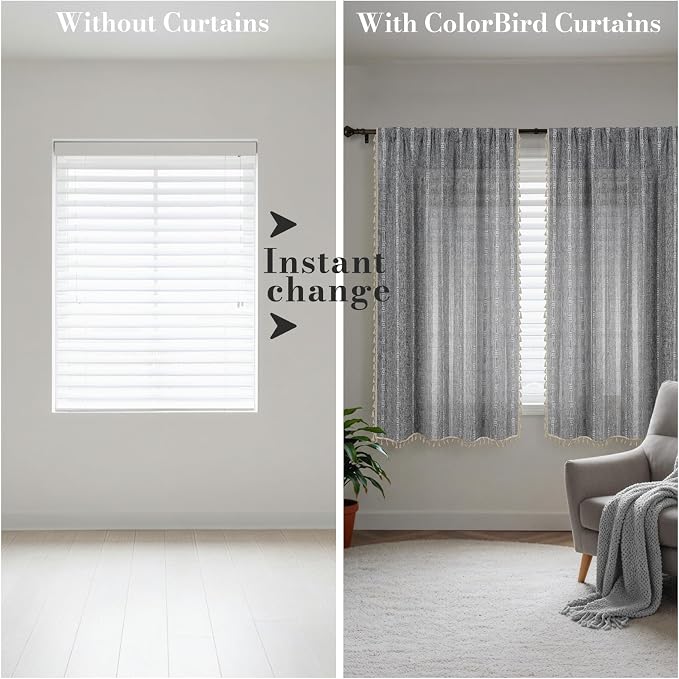 ColorBird Boho Curtains for Bedroom Living Room Linen-Textured Grey 63 Inch Length Farmhouse Light Filtering Neutral Embroidered Striped Linen Drapes 2 Panels Window Treatment