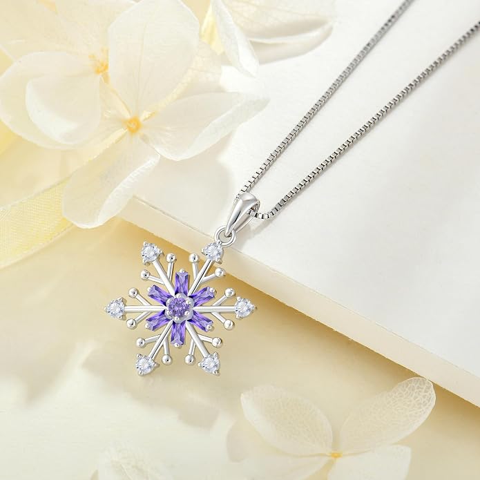 925 Sterling Silver Snowflake Necklace Birthstone Snowflake Pendant Necklaces for Women Cubic Zirconia Christmas Jewelry