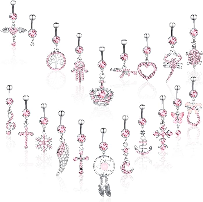 Junkin 20 Pcs 14G Dangle Belly Button Ring, Dangling 316L Surgical Navel Rings Cubic Zirconia Belly Piercing Jewelry